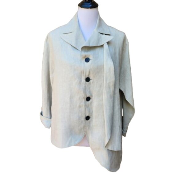 Blanque 100% Linen Button-Up Blouse Cream Asymmetric Draped Natural USA - Picture 1 of 14